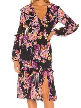 Amanda Uprichard Black Floral Ruffle Midi Dress
